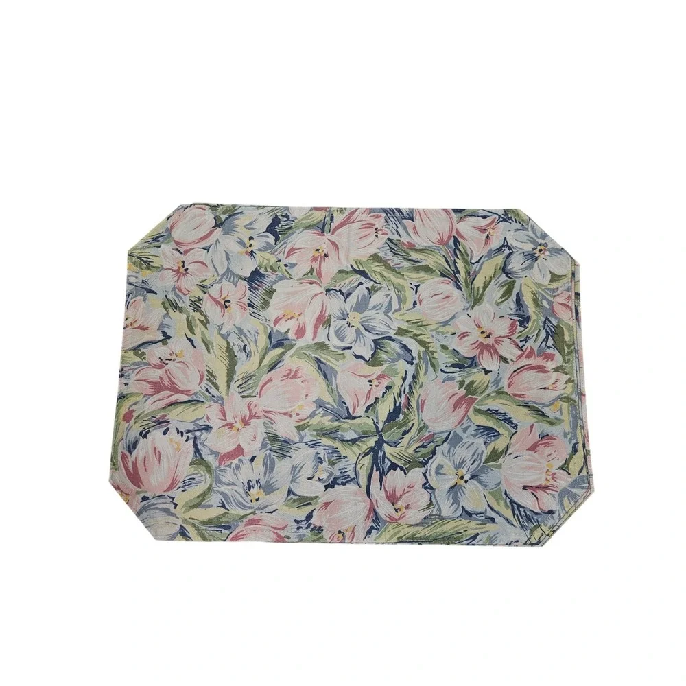 Floral Placemats 8 Pink Blue Green Tulip  Print‎ Clipped Corners Vintage 1990s